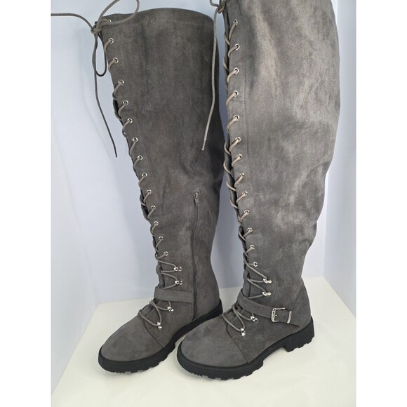 Shoe dazzle thigh high gray Faux suede lace up biker Style Chunky boot Sz 8.5 - Picture 4 of 13